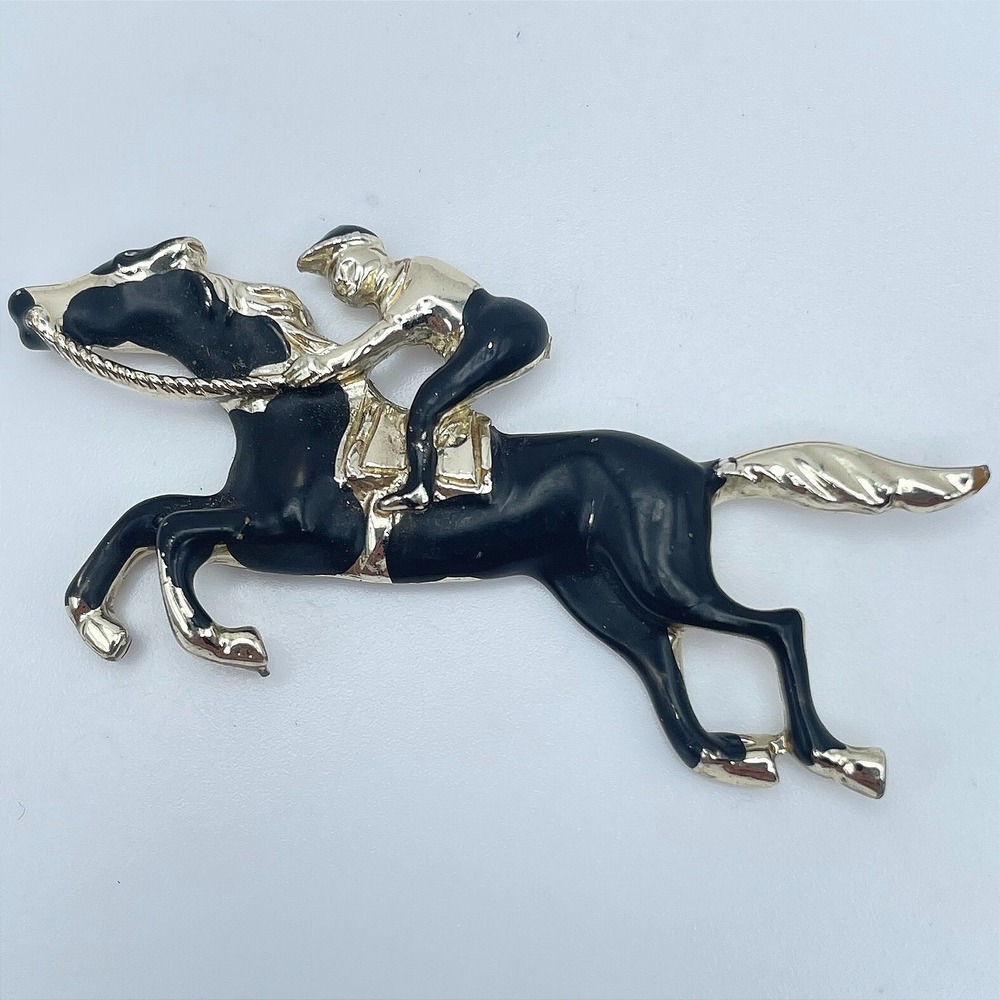 Vintage Y2K Gold Tone Black Enamel Horse and Jockey Badge Classic Jewelry